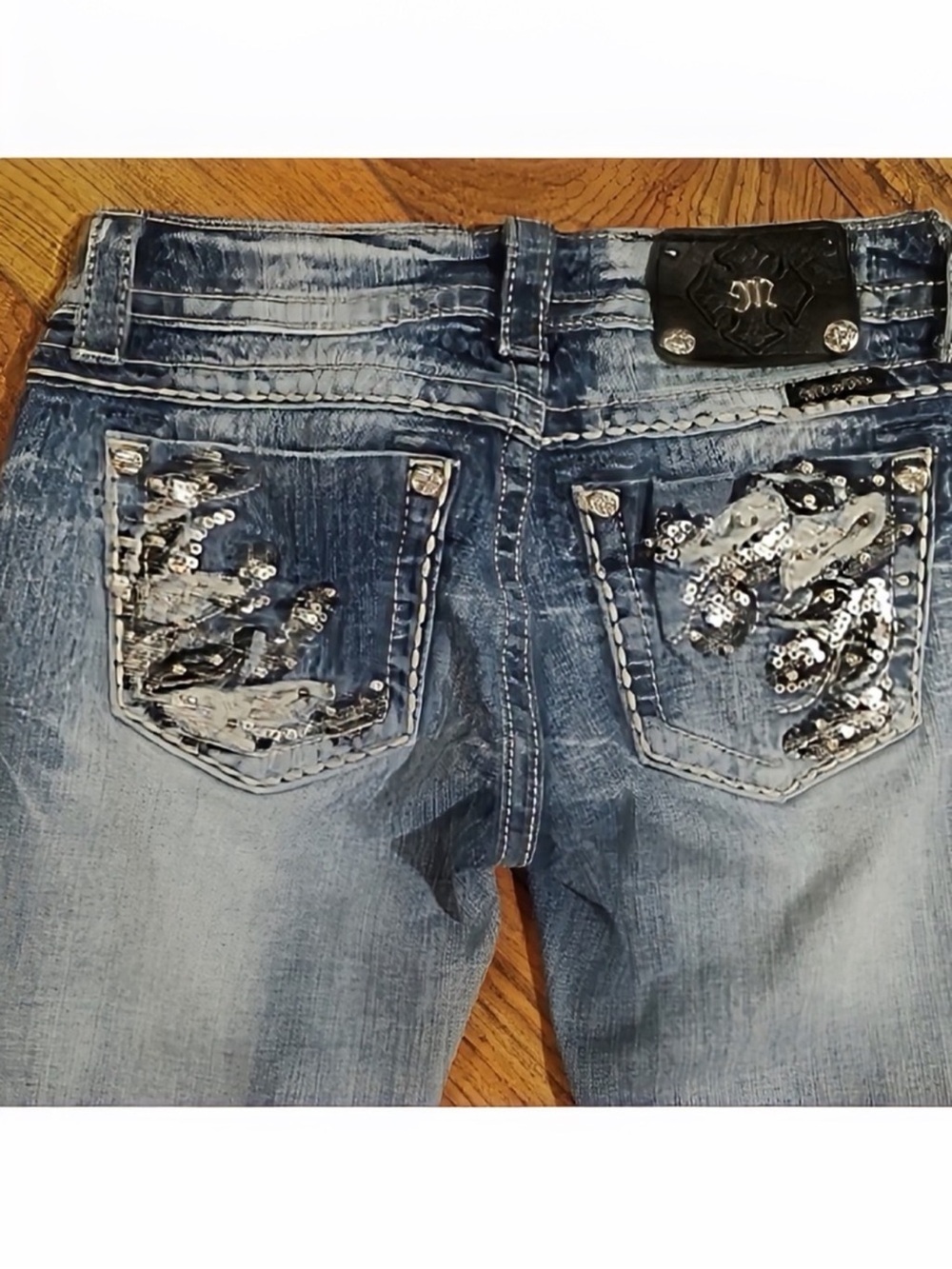 Gorgeous Vintage Miss Me Boot Jeans With Sequin Embellished Pockets 33” Inseam